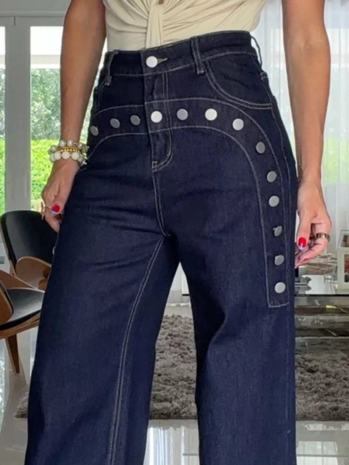 Decorative Button High-Waisted Wide-Leg Jeans