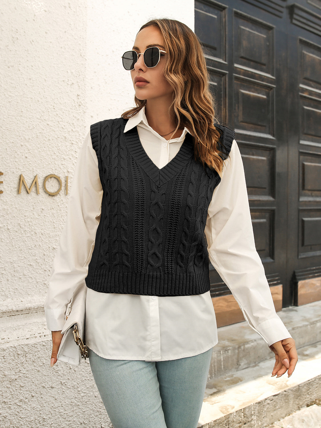 Urban Style V-Neck Sweater Vest in Black