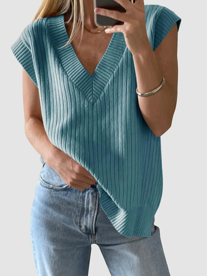 Mandy Ribbed V-Neck Sweater Vest in Air Force Blue