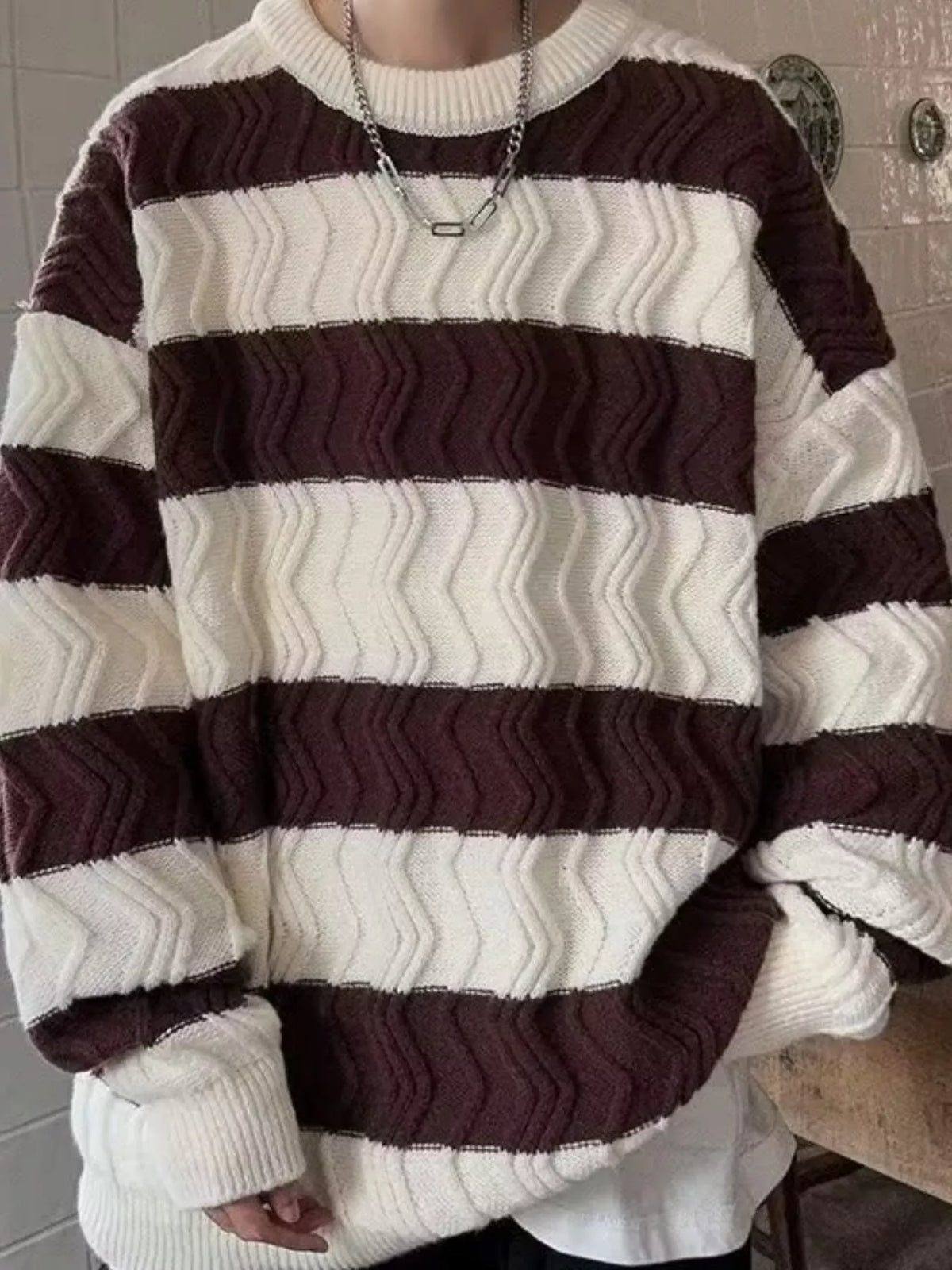 Men's Oversized Striped Textured Knit Sweater - Lilixa.store