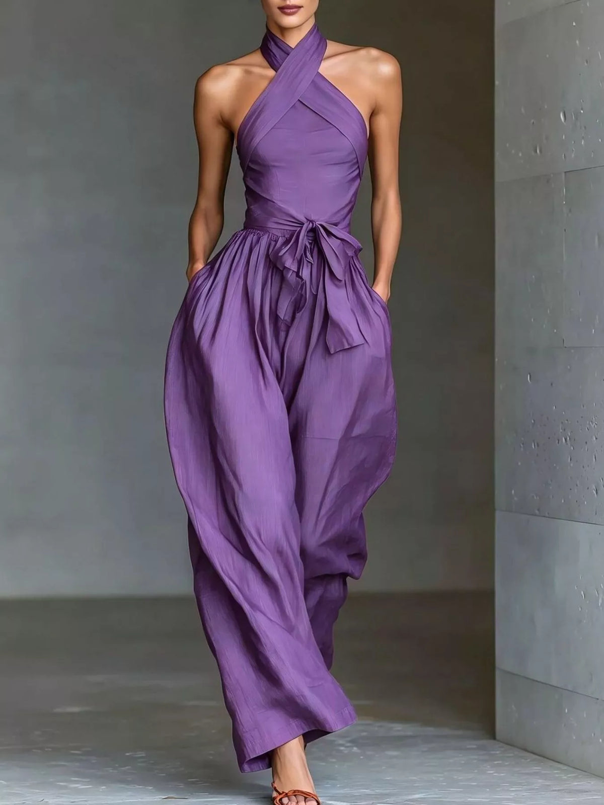 Halter Neck Wide-Leg Jumpsuit with Waist-Tie Detail