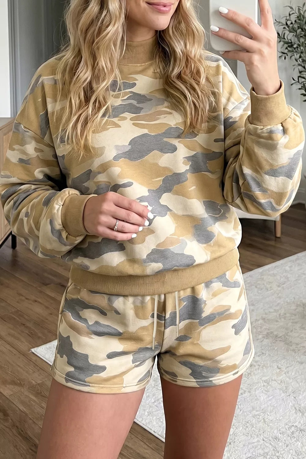 Camouflage Print Long Sleeve Top Drawstring Shorts Set - Lilixa.store