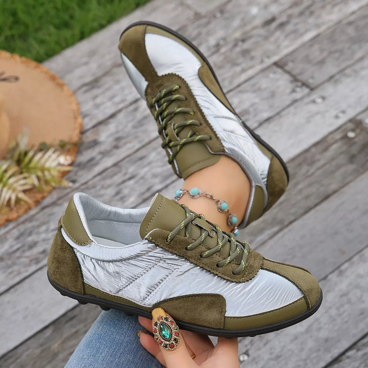Casual Color-Block Suede and Metallic Texture Sneakers, view 5
