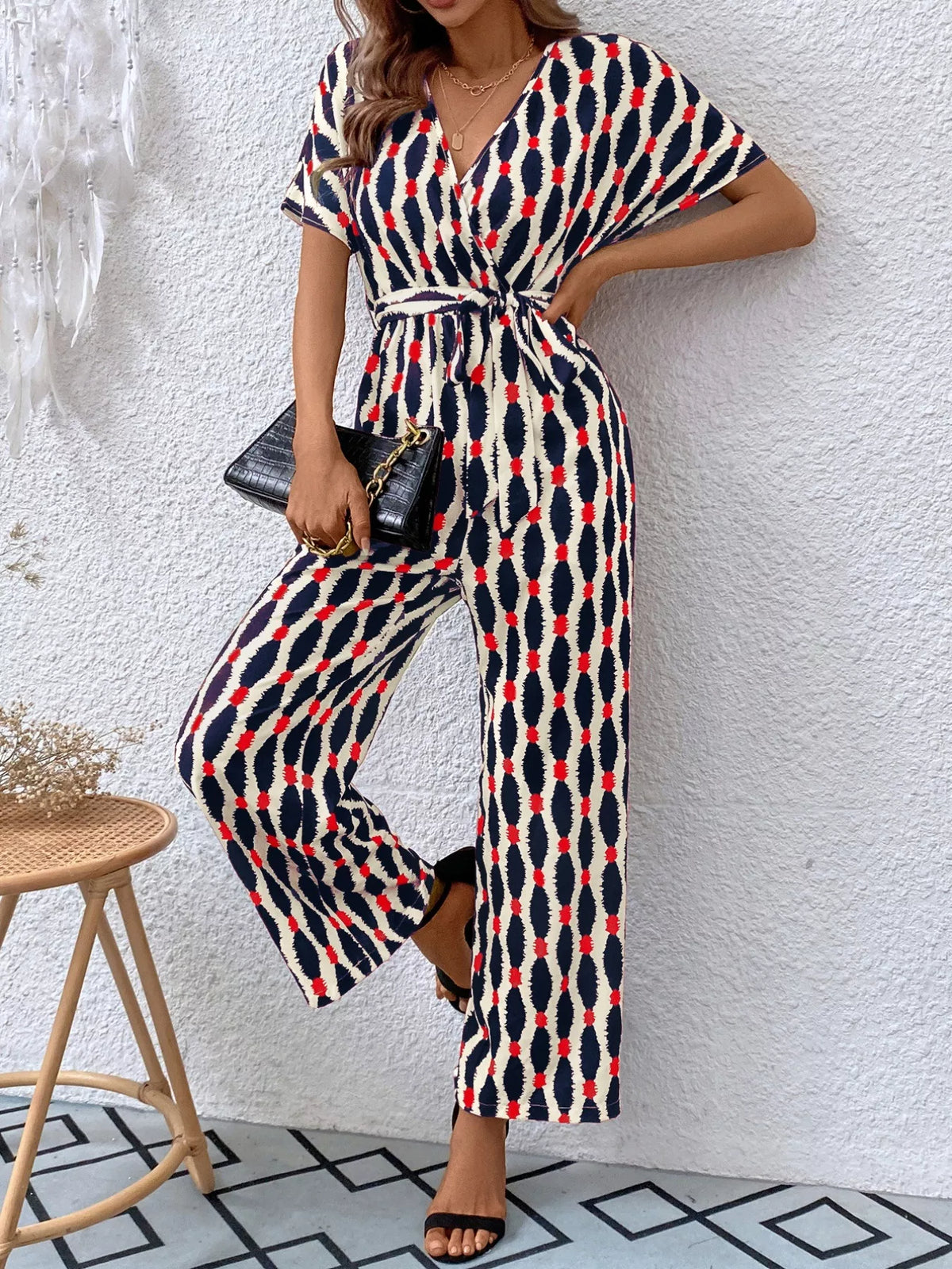 Printed Surplice Tie Waist Short Sleeve Jumpsuit - Lilixa.store