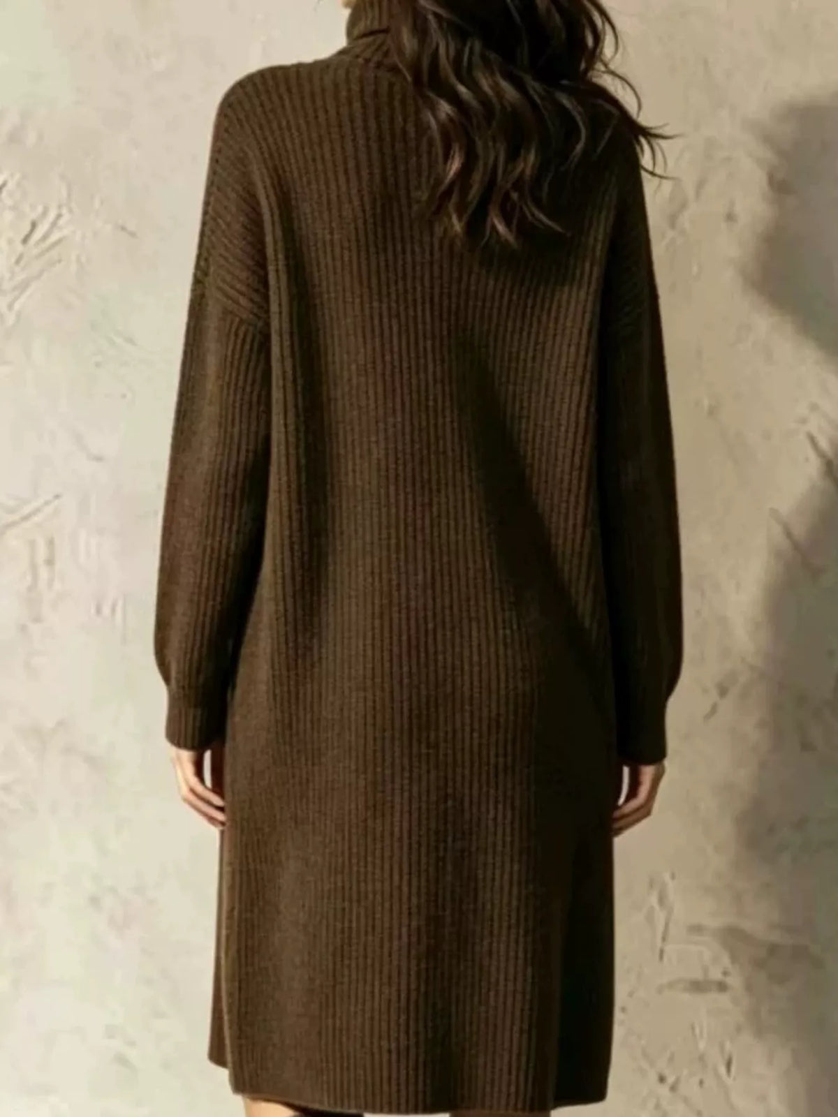 Ribbed Knit Turtleneck Button Up Longline Cardigan in Dark Brown, view 5