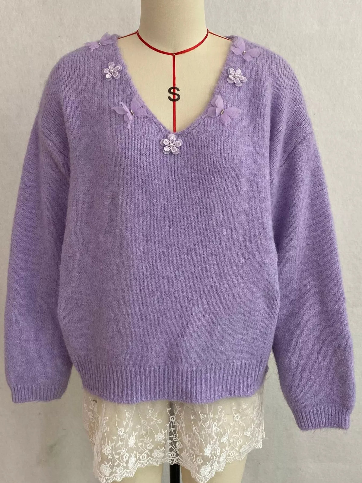 V-Neck Floral Applique Lace Hem Sweater, view 15