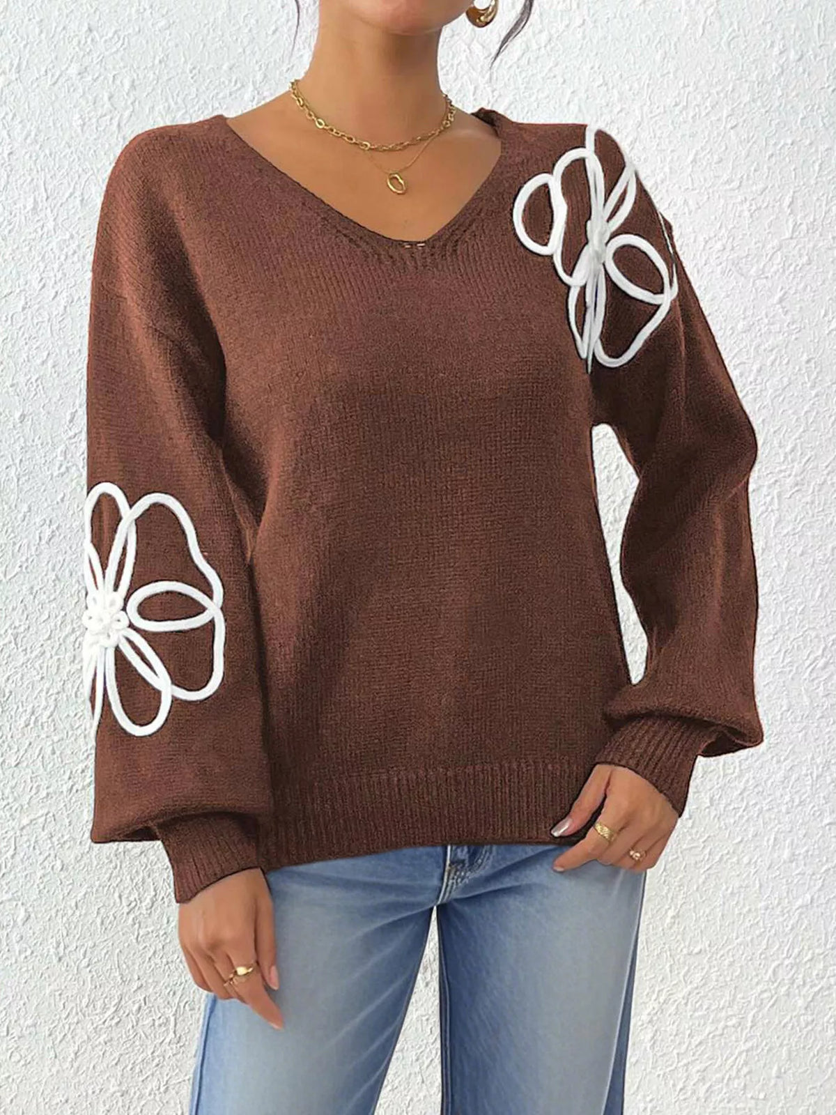Flower V-Neck Dropped Shoulder Sweater