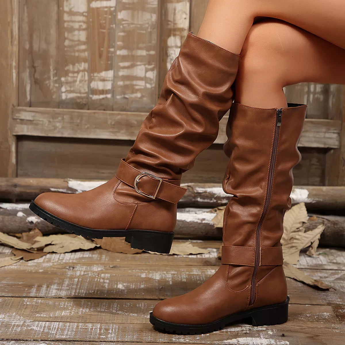 Slouchy Mid-Calf Boots with Buckle Detail