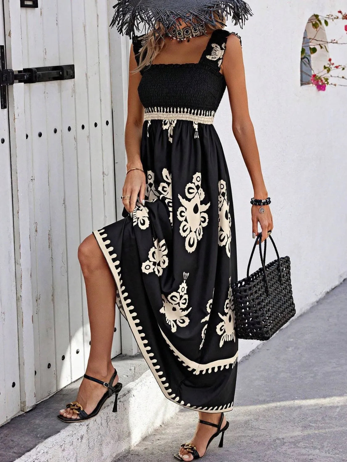 Smocked Printed Wide Strap Maxi Dress, view 2
