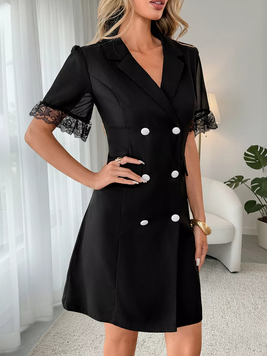 Lace Detail Double Breasted Blazer Dress - Lilixa.store