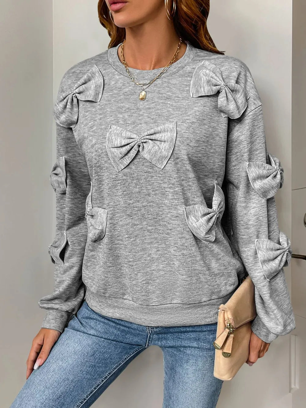 Perfee Bow Round Neck Long Sleeve Sweatshirt - Lilixa.store