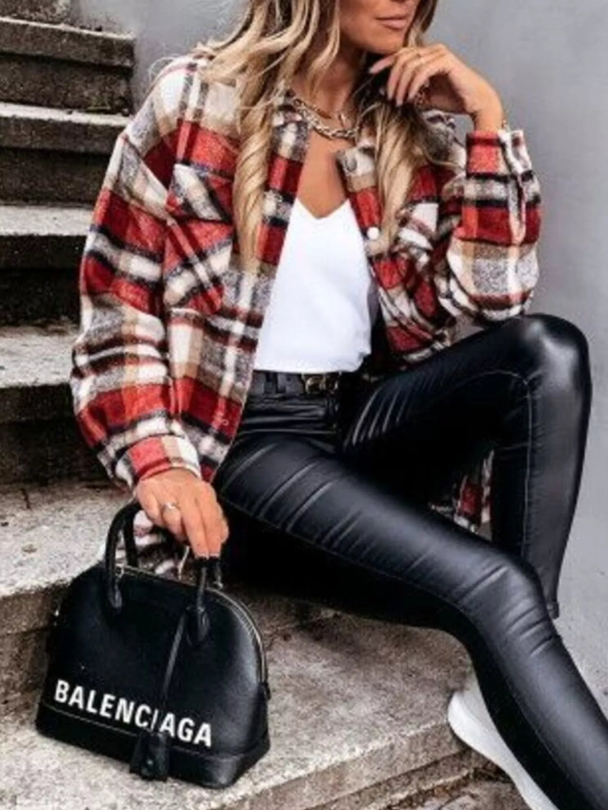 Plaid Button-Down Long Sleeve Shacket, view 7