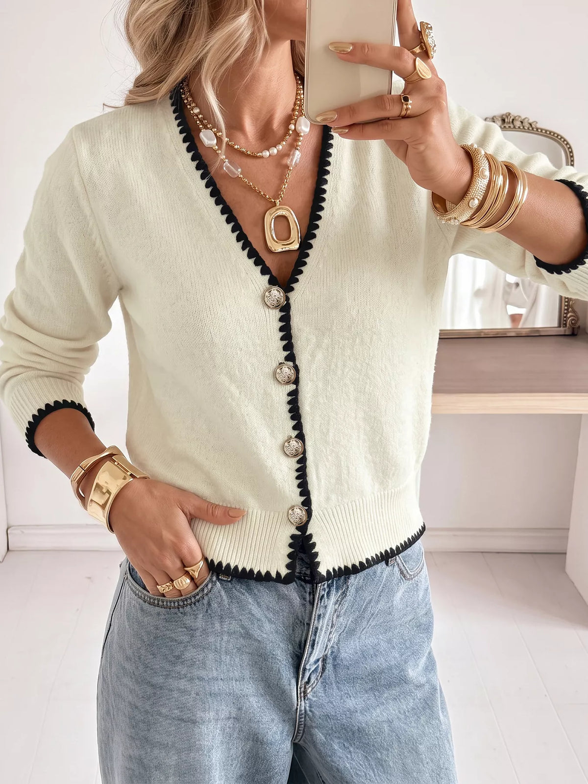 Contrast Trim V-Neck Button-Down Cardigan in Beige, view 4