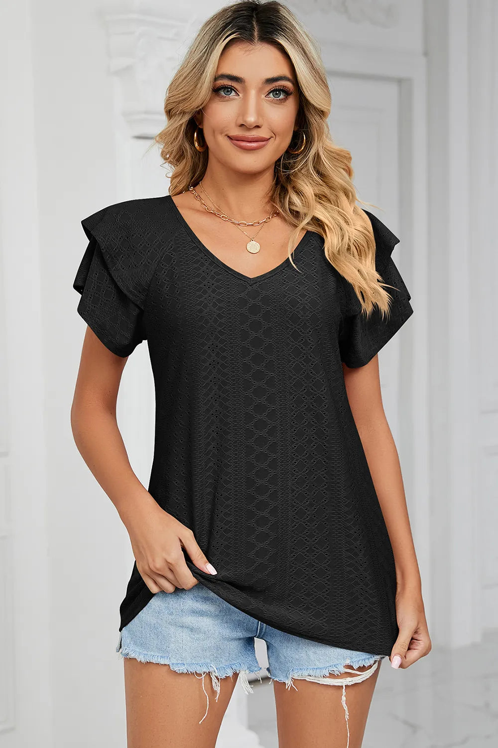 Eyelet V-Neck Short Sleeve T-Shirt - Lilixa.store