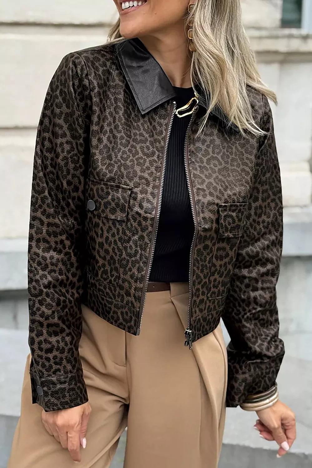 Leopard Print Cropped Faux Leather Jacket with Utility Pockets - Lilixa.store