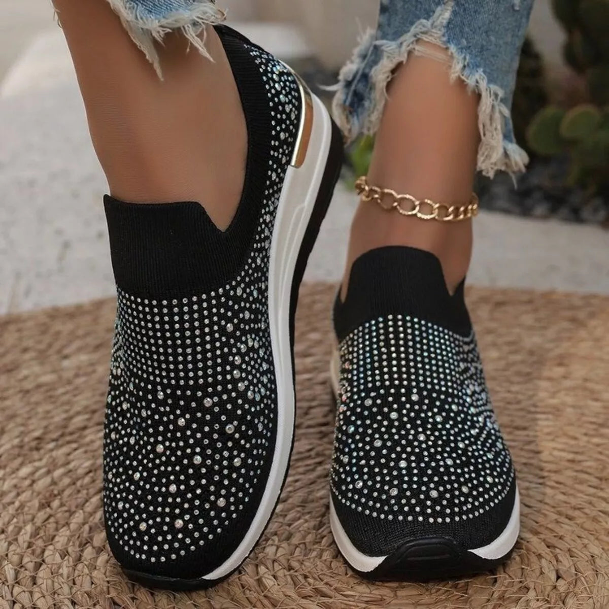 Rhinestone Round Toe Slip-Ons - Lilixa.store