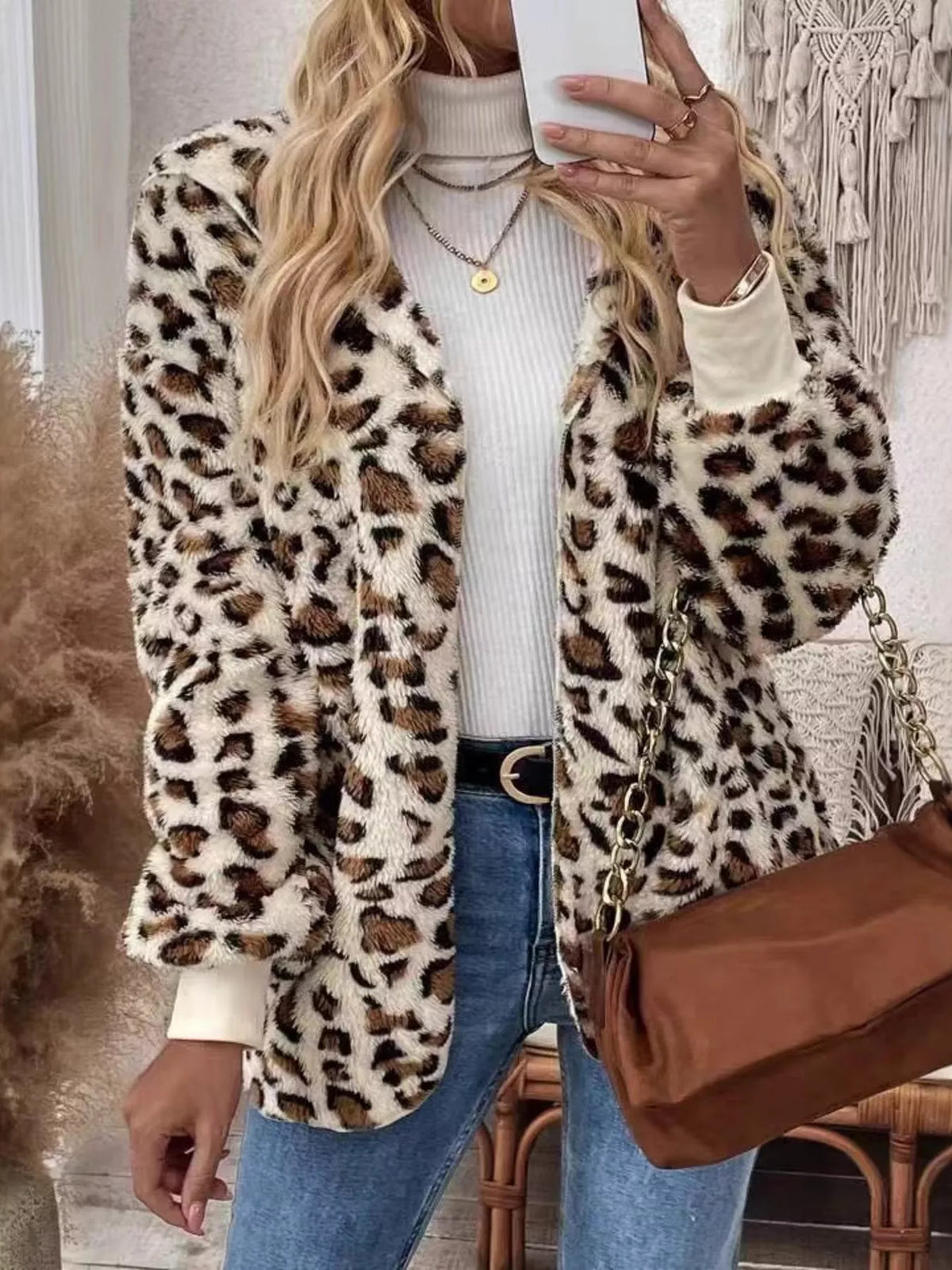 Leopard Print Fuzzy Zip Up Outerwear - Lilixa.store