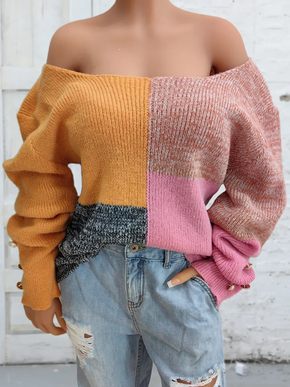Color Block Decorative Button Long Sleeve Sweater in Sherbet, view 3