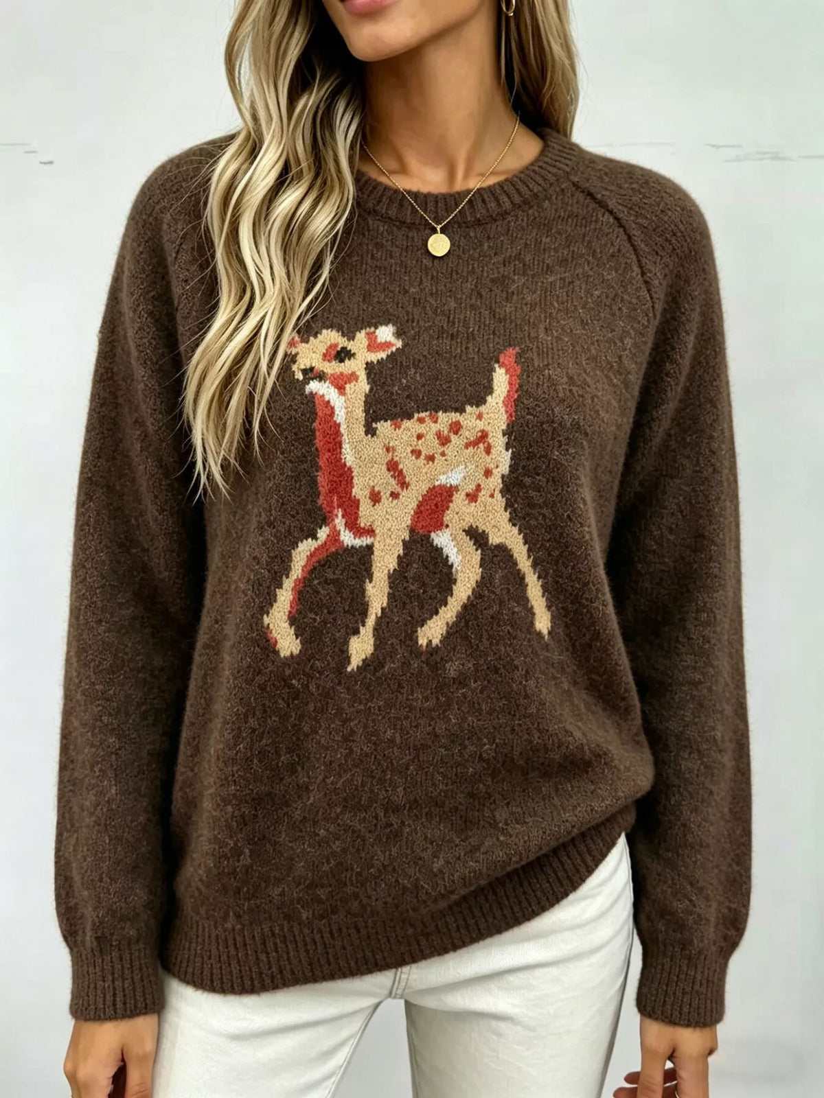 Deer Pattern Raglan Sleeve Sweater - Lilixa.store