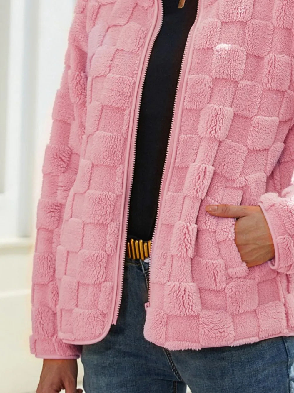 Fuzzy Checkered Zip Up Jacket, view 10