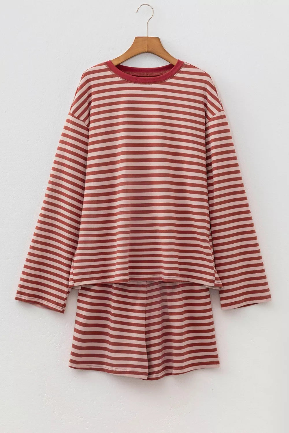 Stripe Relaxed Long Sleeve Top Contrast Elastic Waistband Short Set - Lilixa.store
