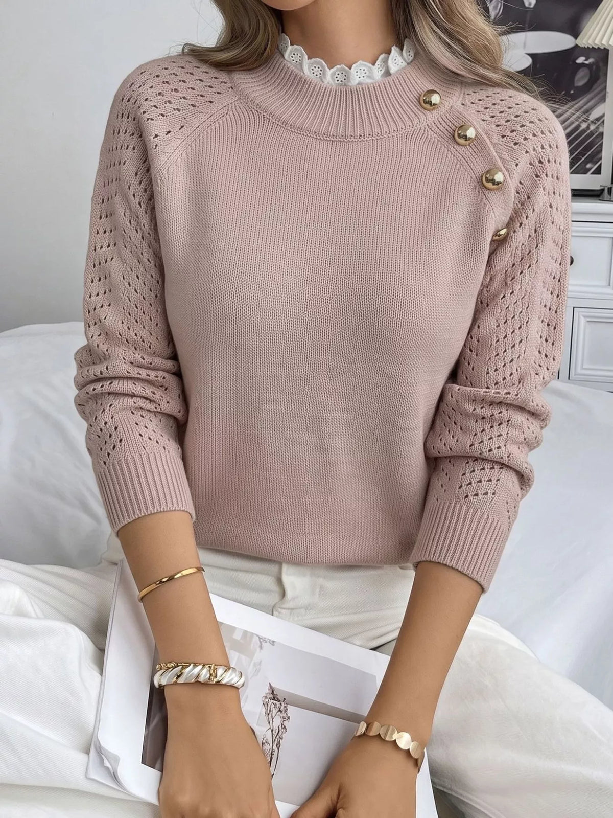 Openwork Mock Neck Sweater in Pink, view 2