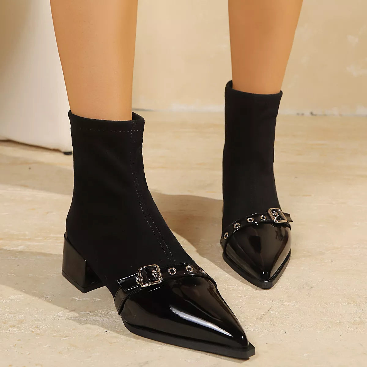 Chic Pointed Toe Sock Boots with Buckle Detail - Lilixa.store