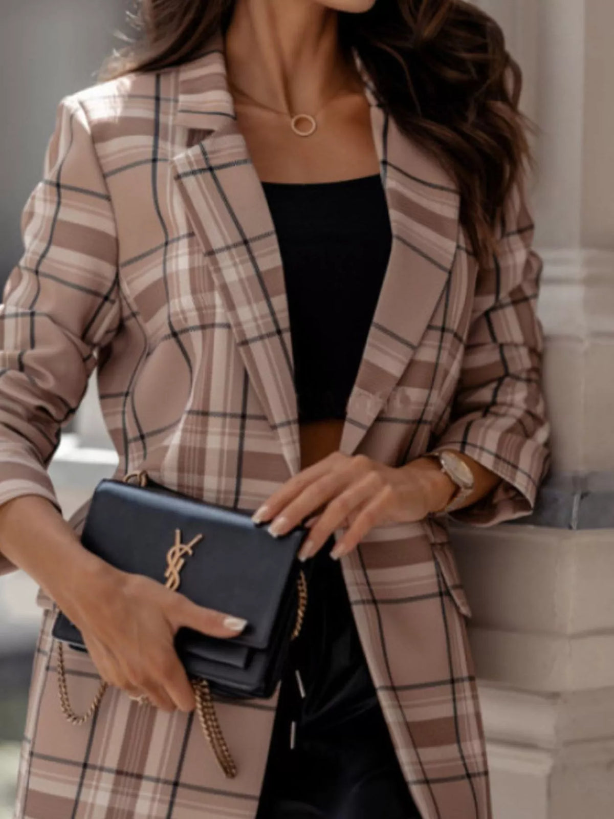 Plaid Lapel Collar Blazer - Lilixa.store