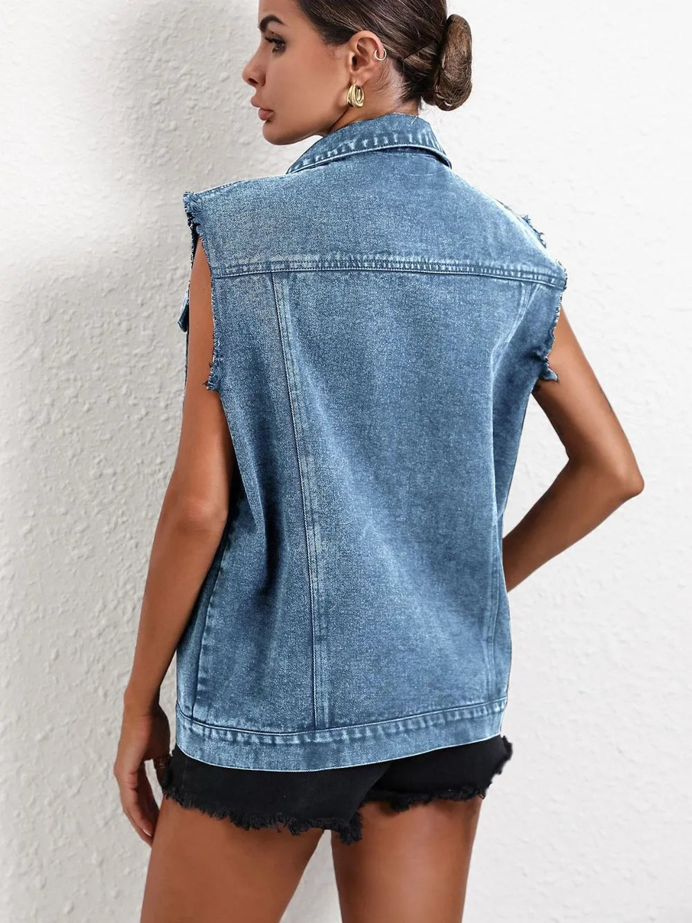 Pocketed Collared Neck Sleeveless Denim Top - Lilixa.store