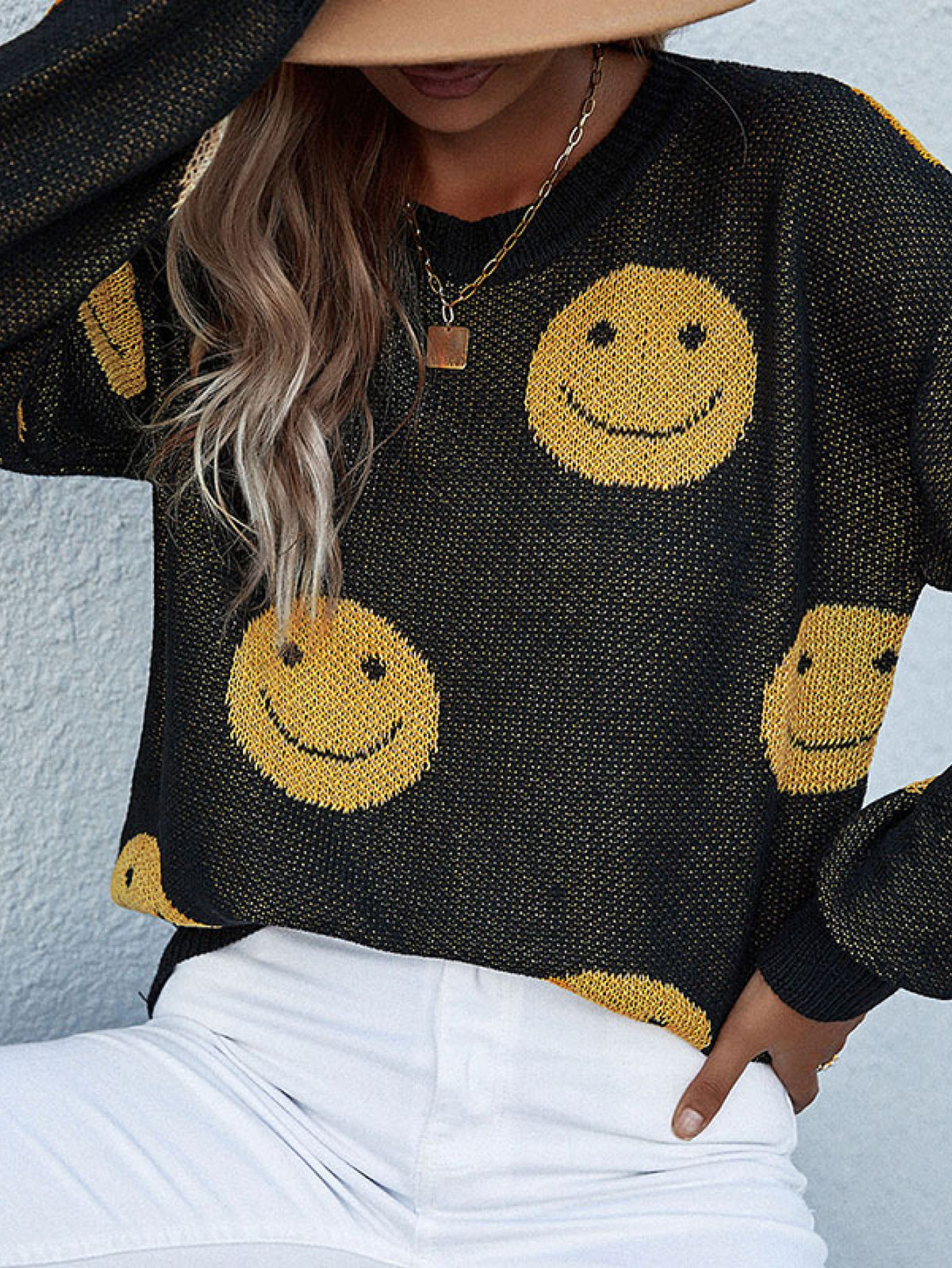 Perfee Smiley Face Sweater in Black, view 5