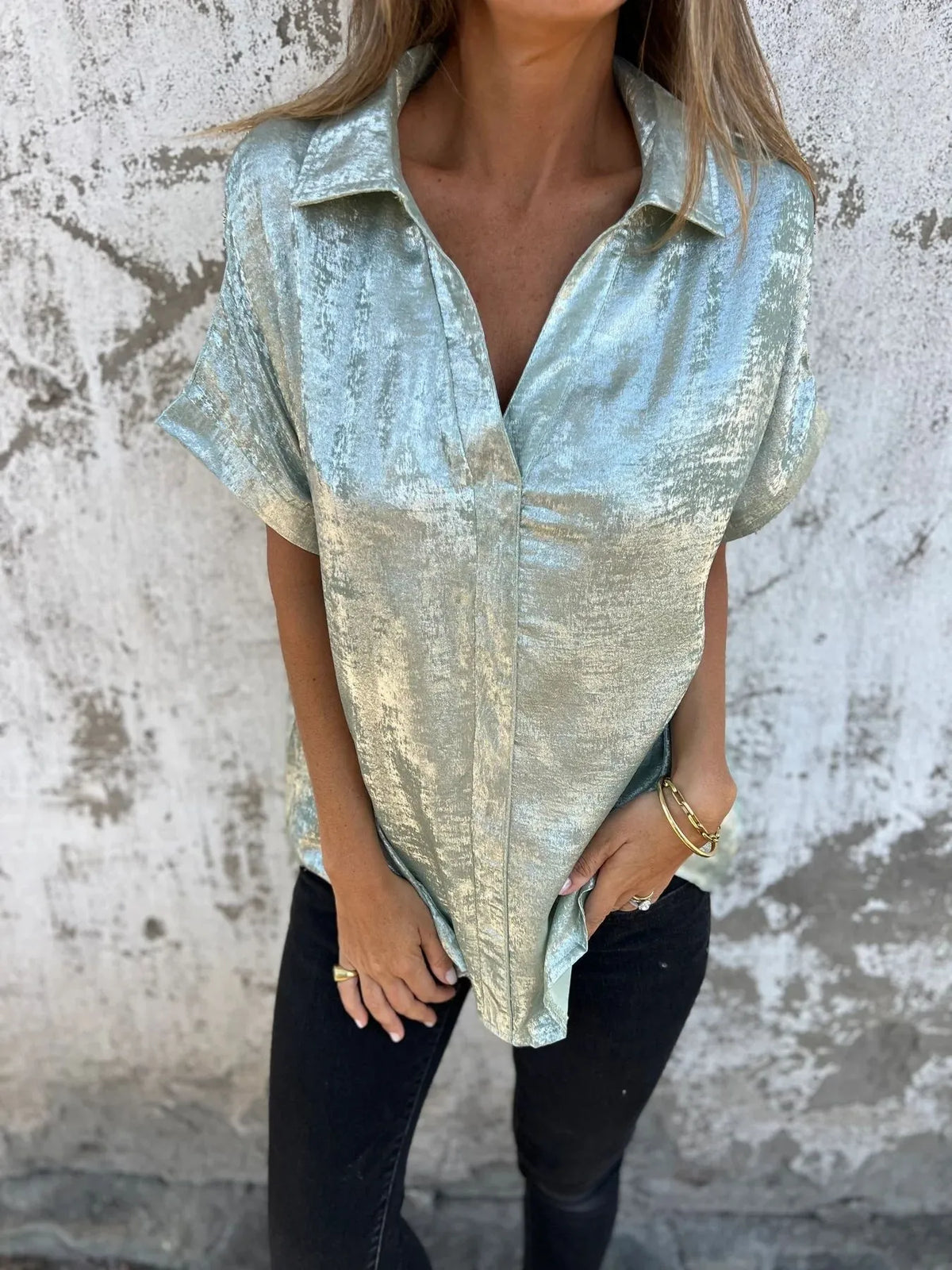 Full Size Collared Neck Short Sleeve Shirt Plus Size in Light Green