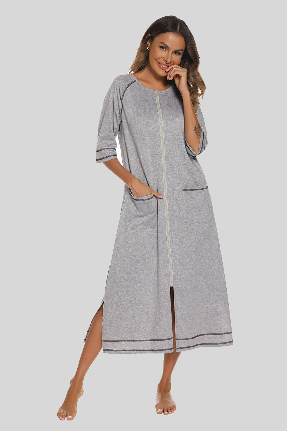 Zip Up Slit Round Neck Night Dress with Pockets - Lilixa.store