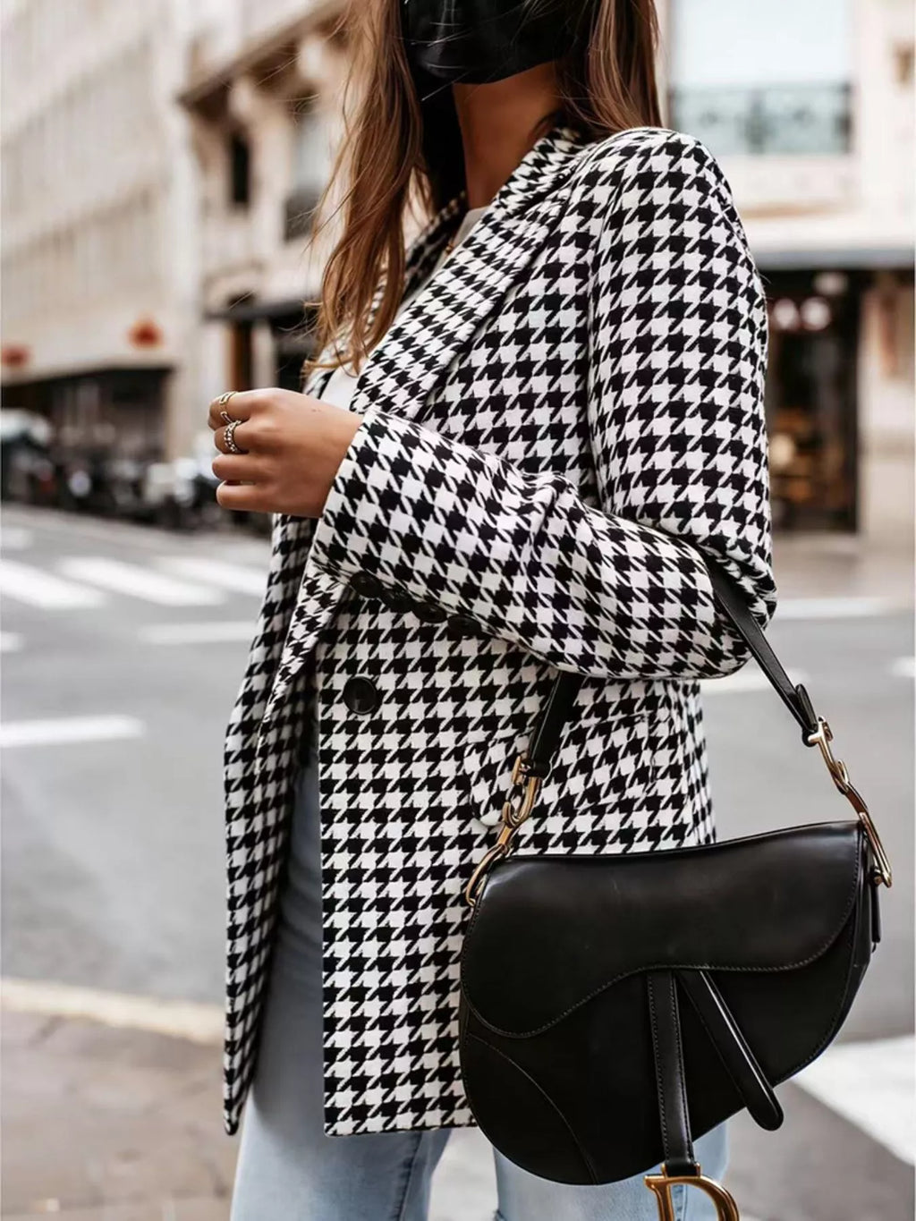 Classic Houndstooth Double-Breasted Blazer - Lilixa.store