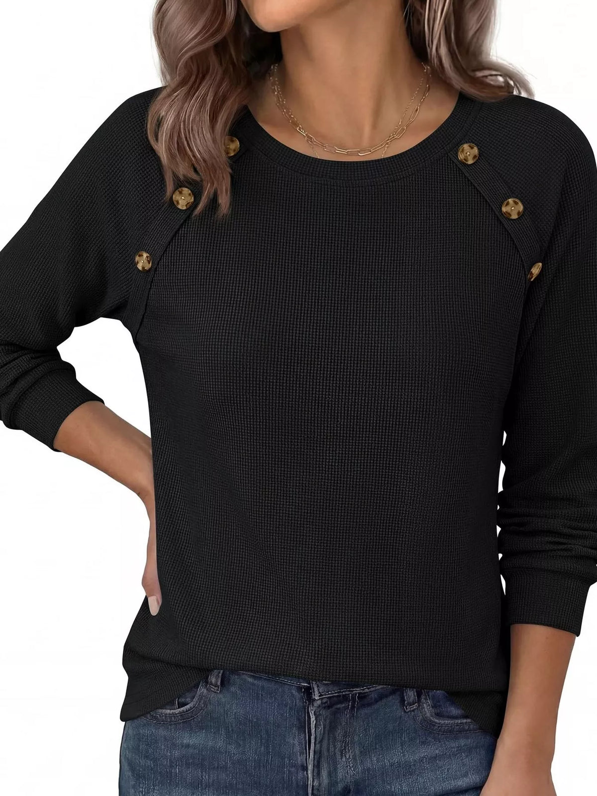 Decorative Button Waffle Knit Long Sleeve T-Shirt - Lilixa.store