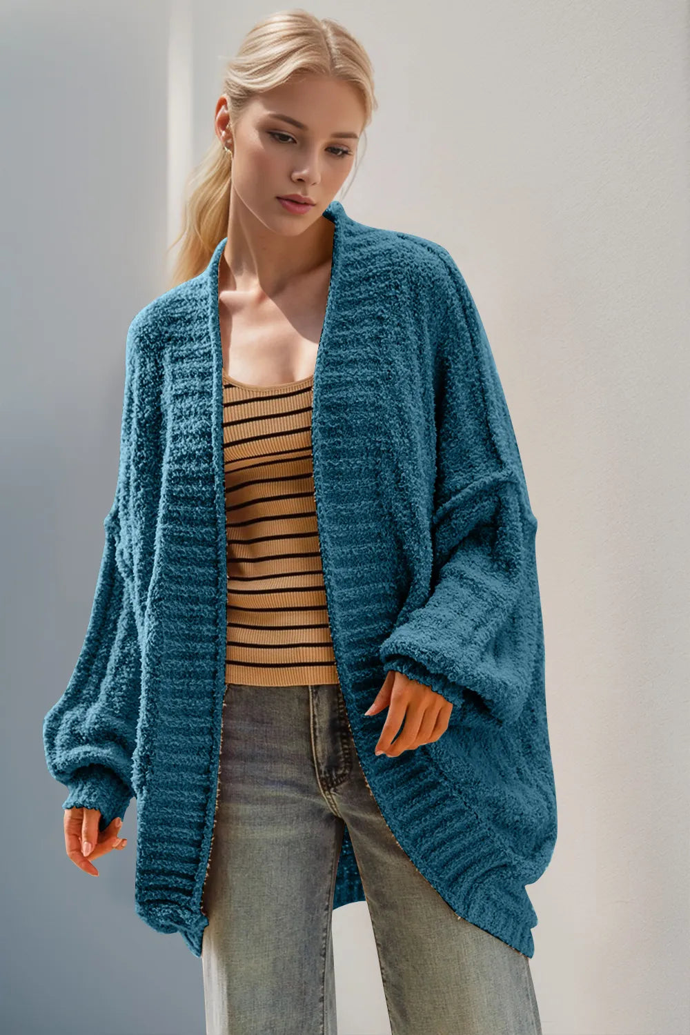 Double Take Full Size Open Front Long Sleeve Cardigan in Cerulean