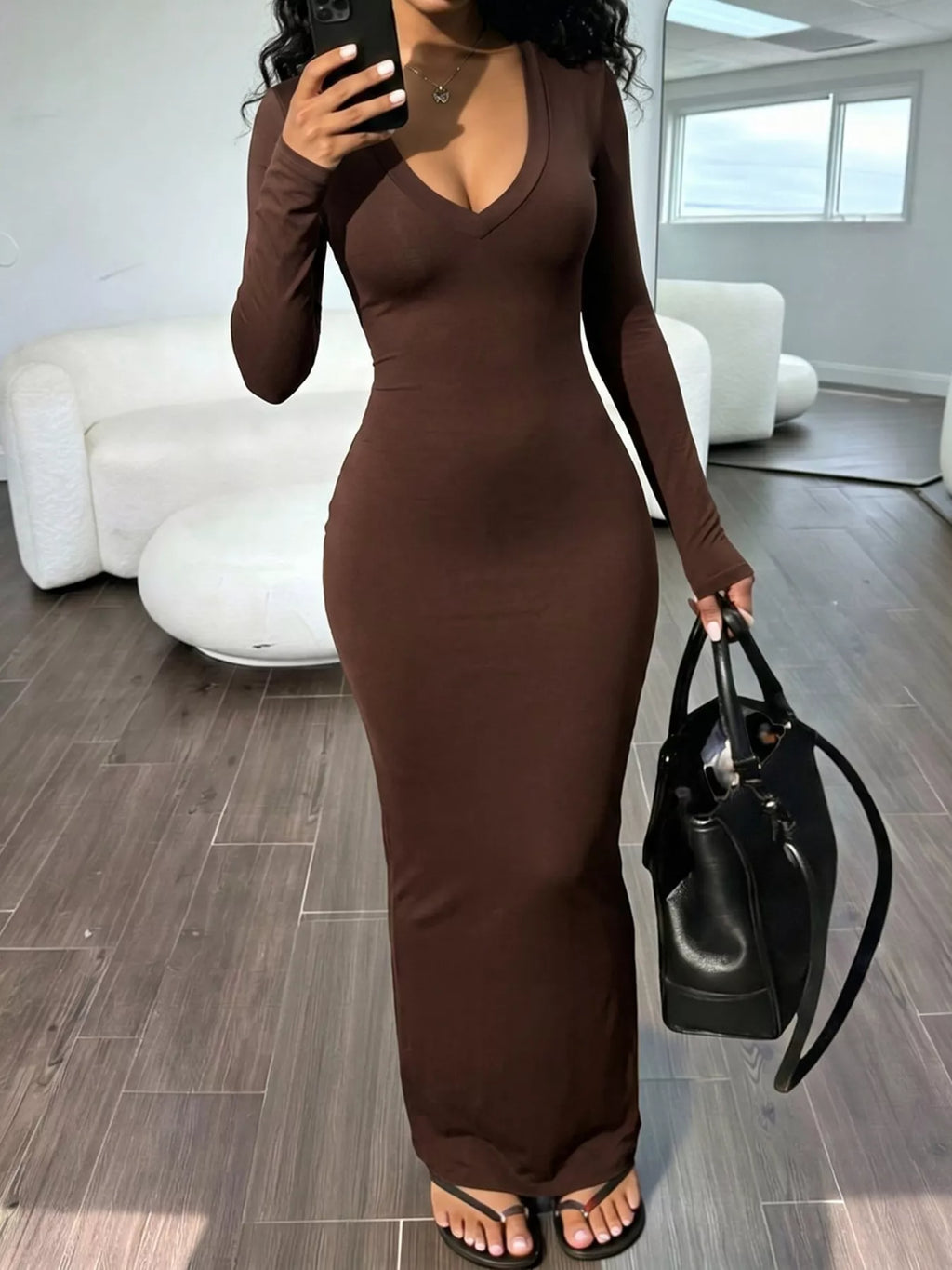 Long Sleeve V-Neck Ruched Maxi Dress - Lilixa.store