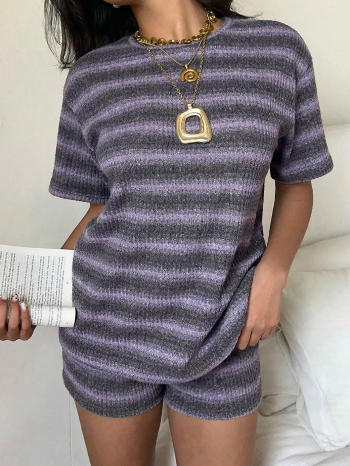 Striped Textured Knit Top and Shorts Set in Purple