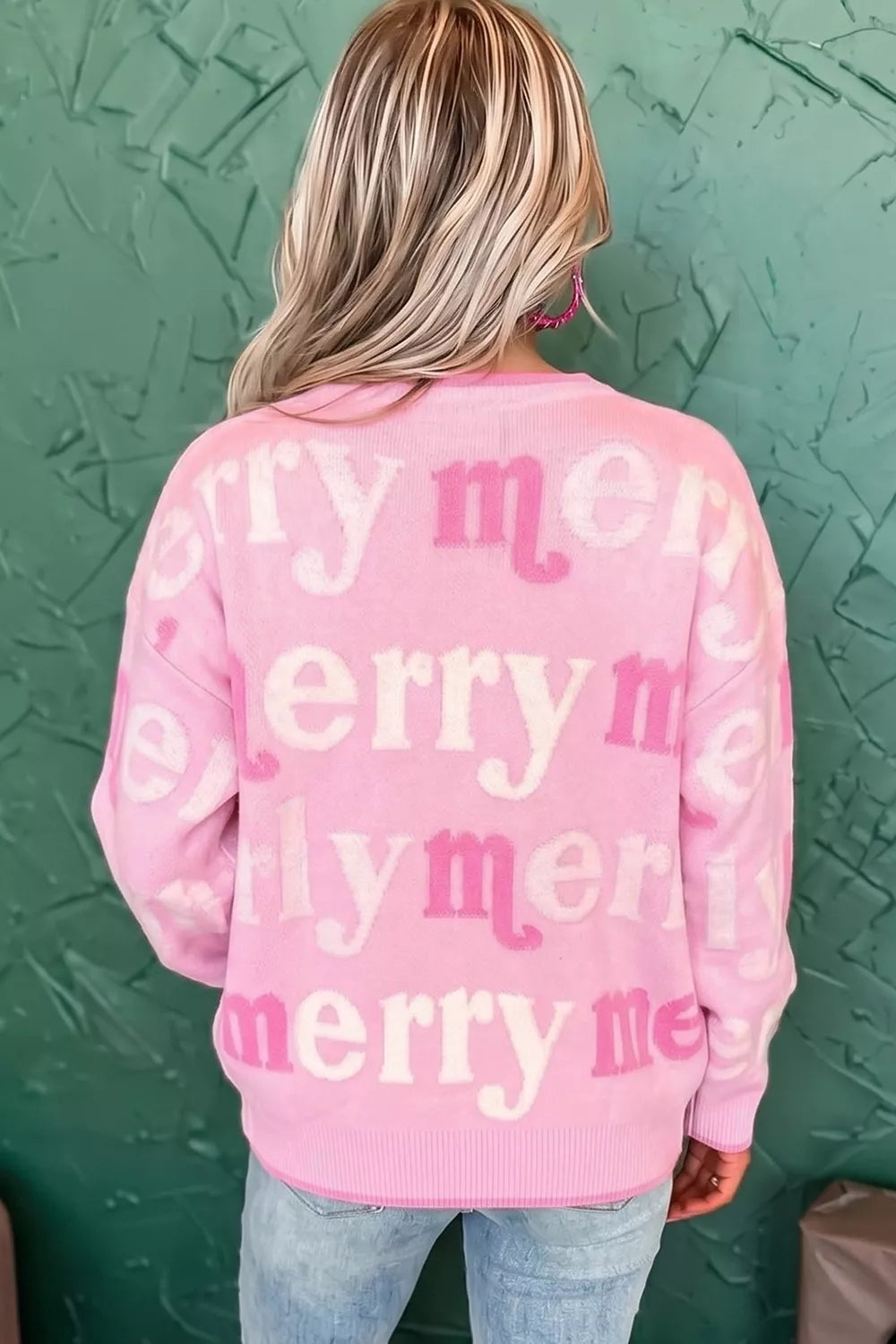 All Over Merry Me Graphic Round Neck Knit Sweater