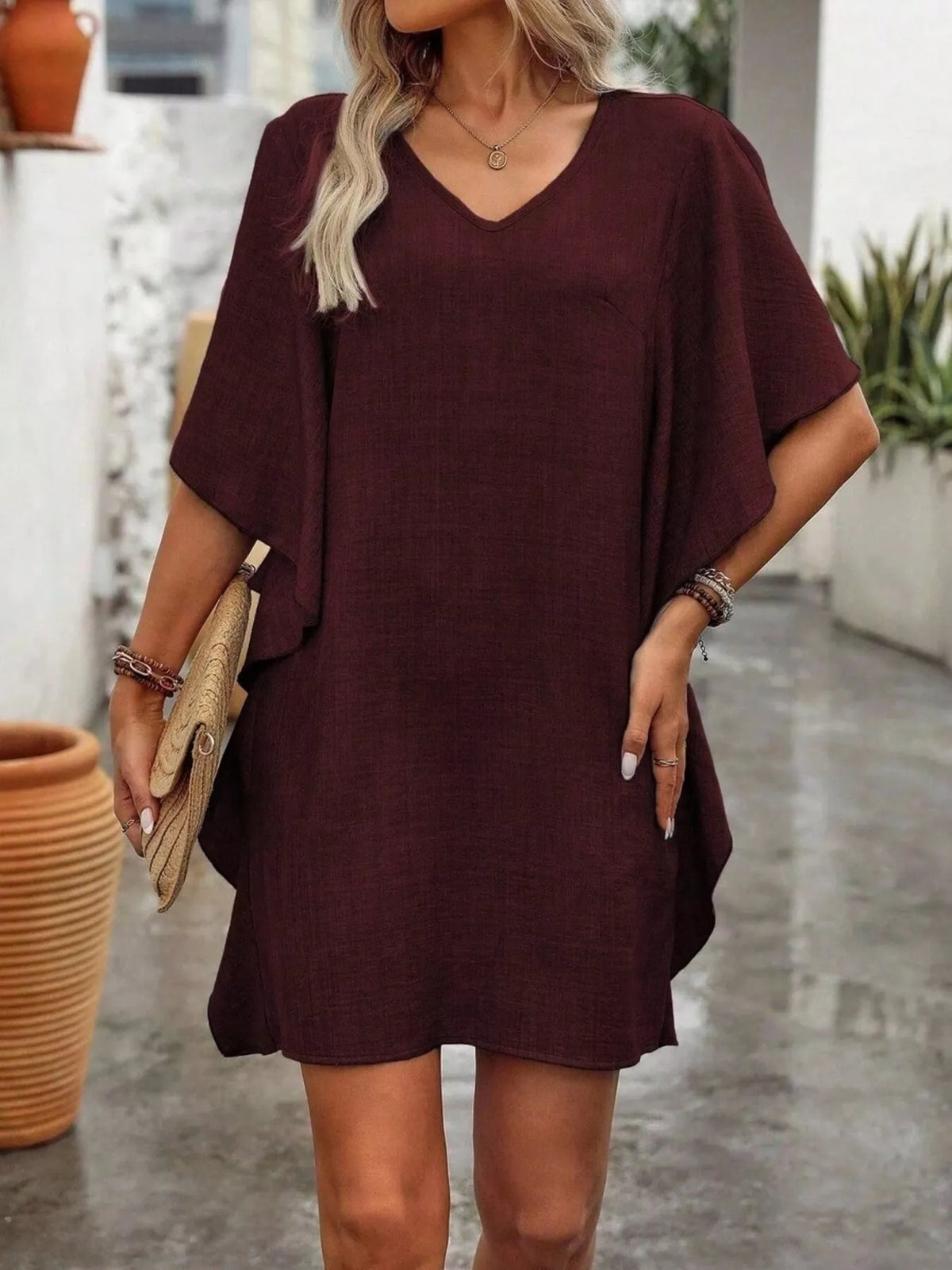 Ruffled Flutter Sleeve V-Neck Mini Dress - Lilixa.store