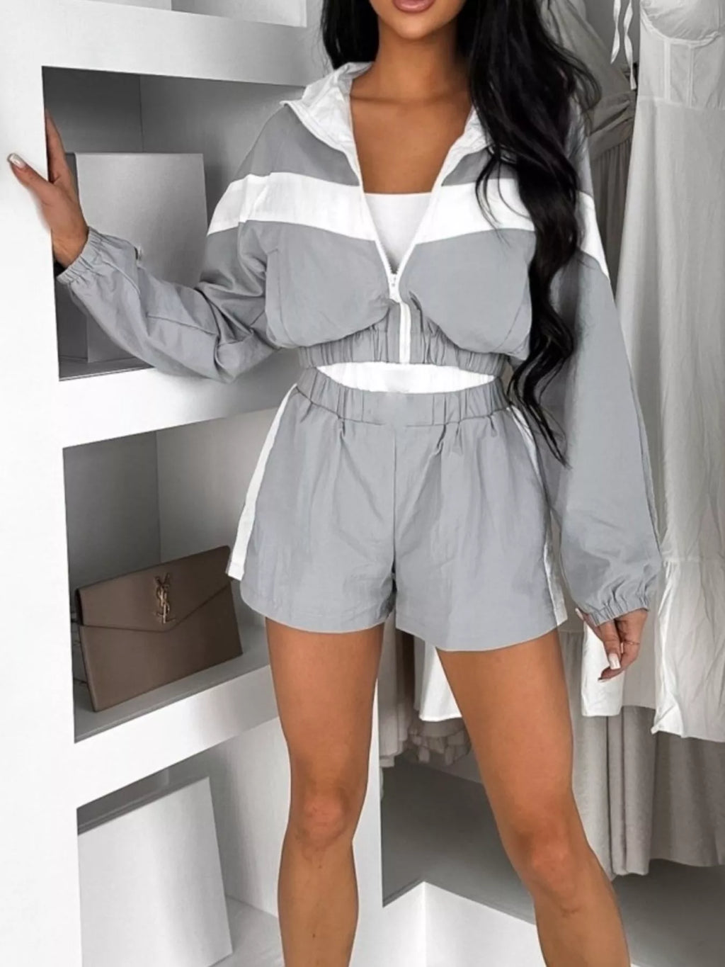 Color Block Zip-Up Jacket and Shorts Two-Piece Set - Lilixa.store