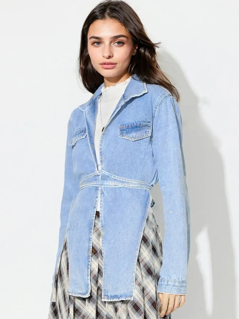 Asymmetric Slit Collared Neck Long Denim Top - Lilixa.store