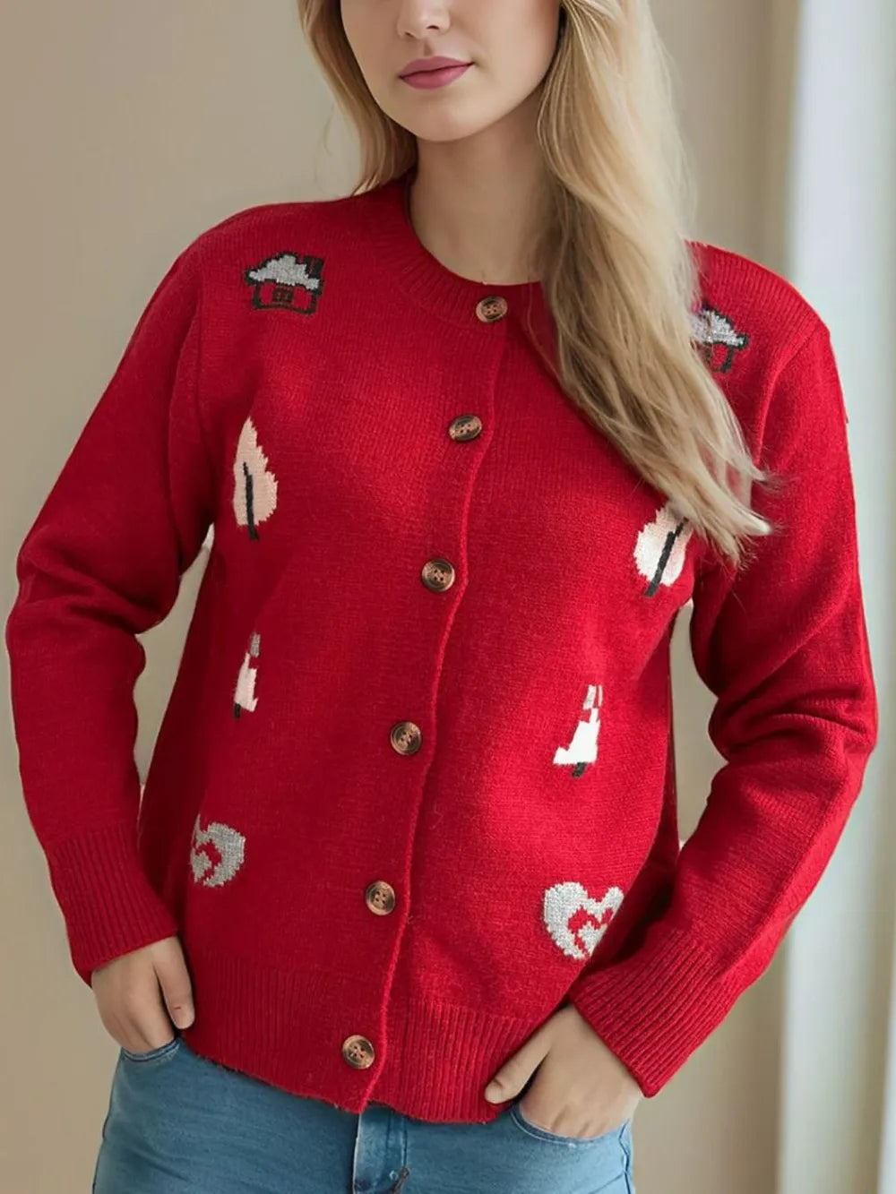 Button Up Round Neck Long Sleeve Cardigan - Lilixa.store