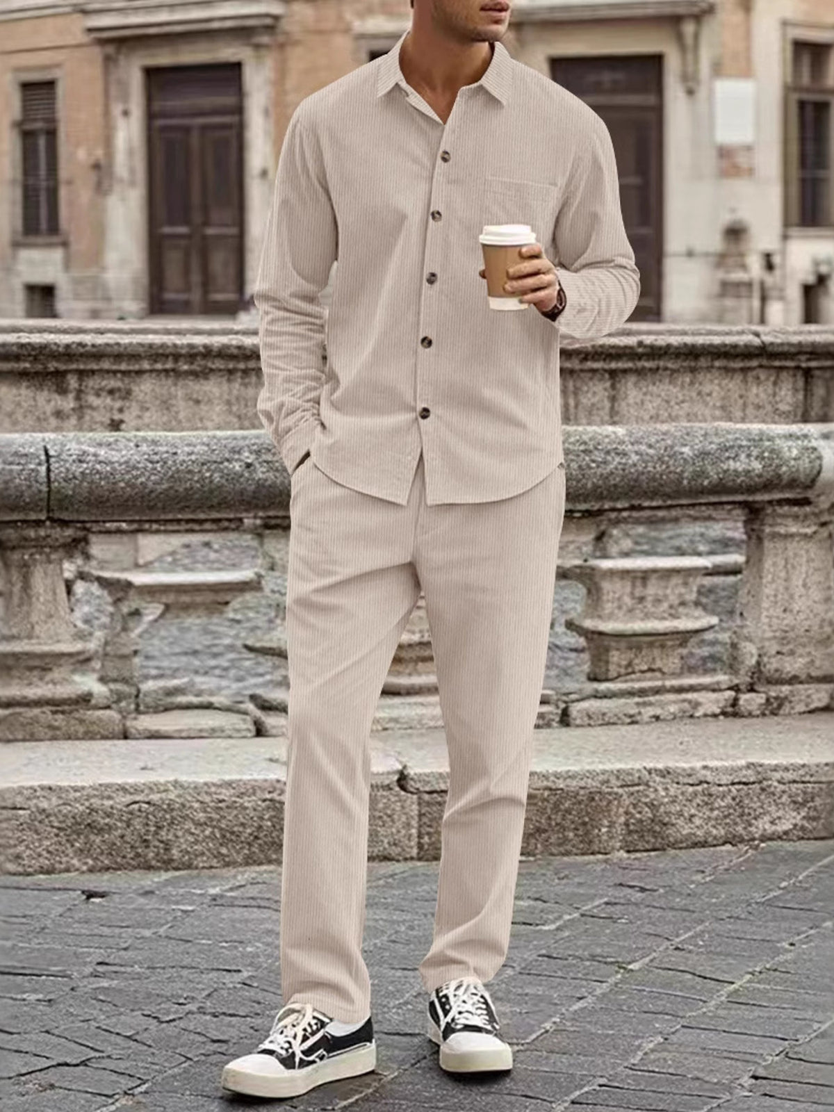 Men's Full Size Button Up Long Sleeve Shirt and Pants Set Plus Size - Lilixa.store