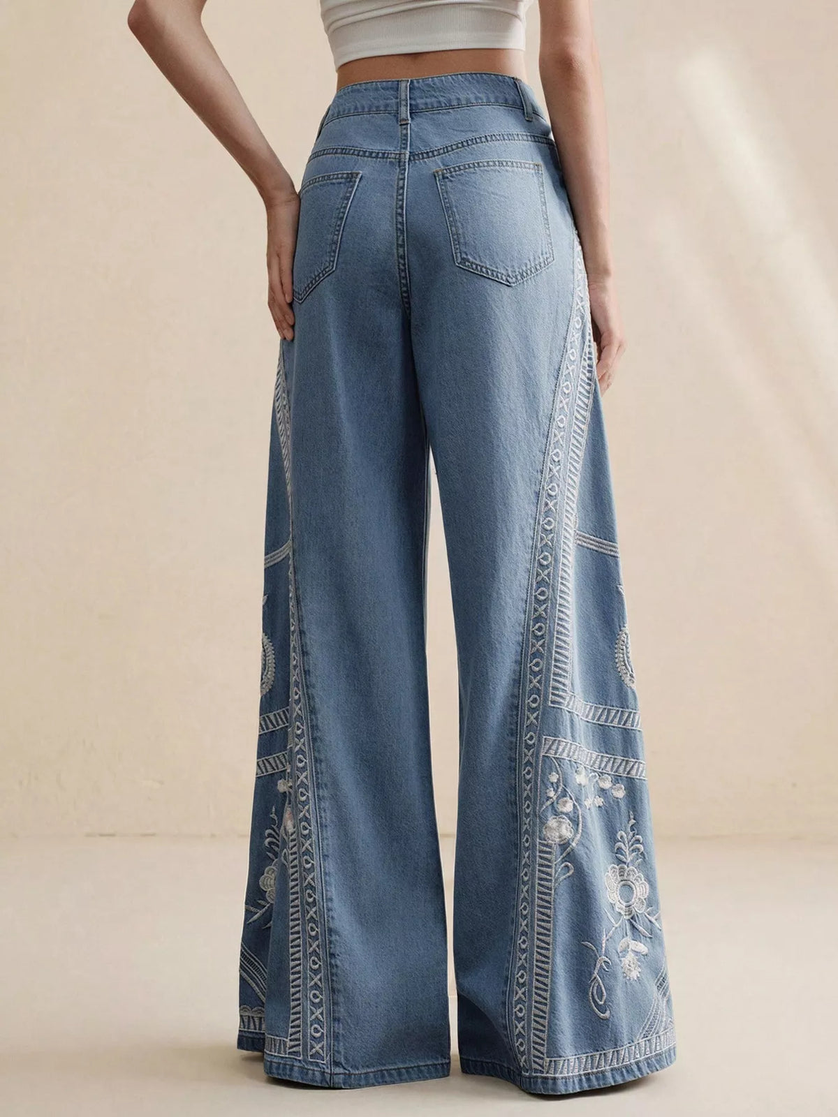 Embroidered Wide-Leg Drawstring Jeans - Lilixa.store
