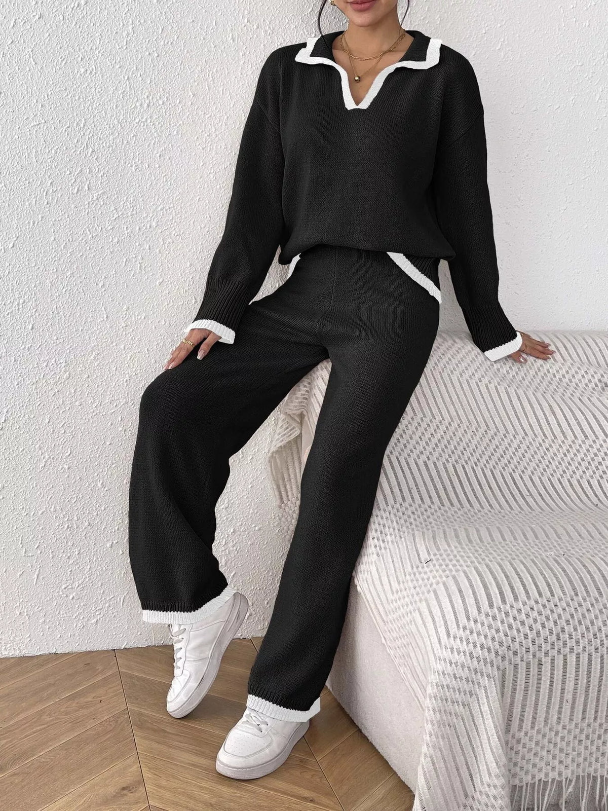 Contrast Trim Polo Collar Top and Pants Sweater Set - Lilixa.store