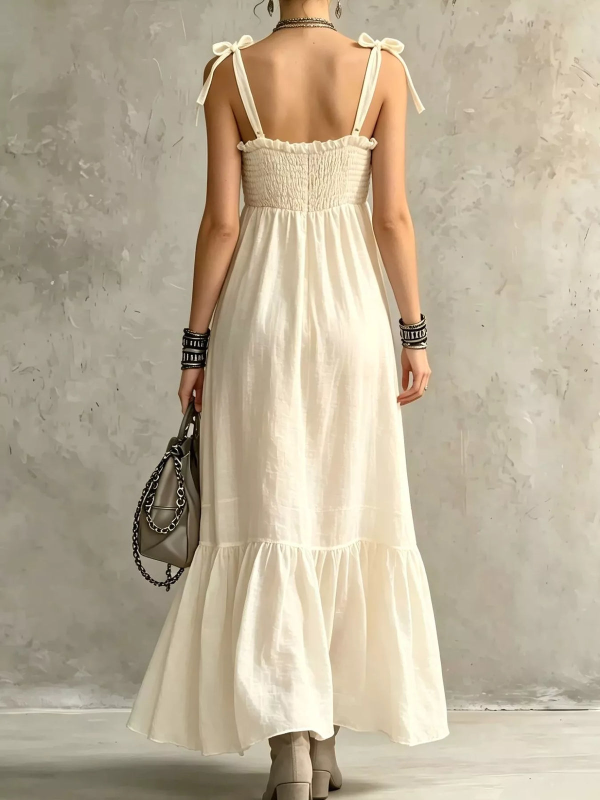 Smocked Tie-Shoulder Maxi Dress