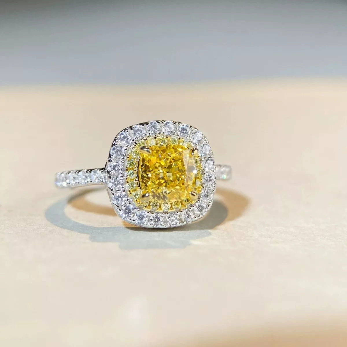 925 Sterling Silver Zircon Cushion Cut Ring in Light Yellow, view 2