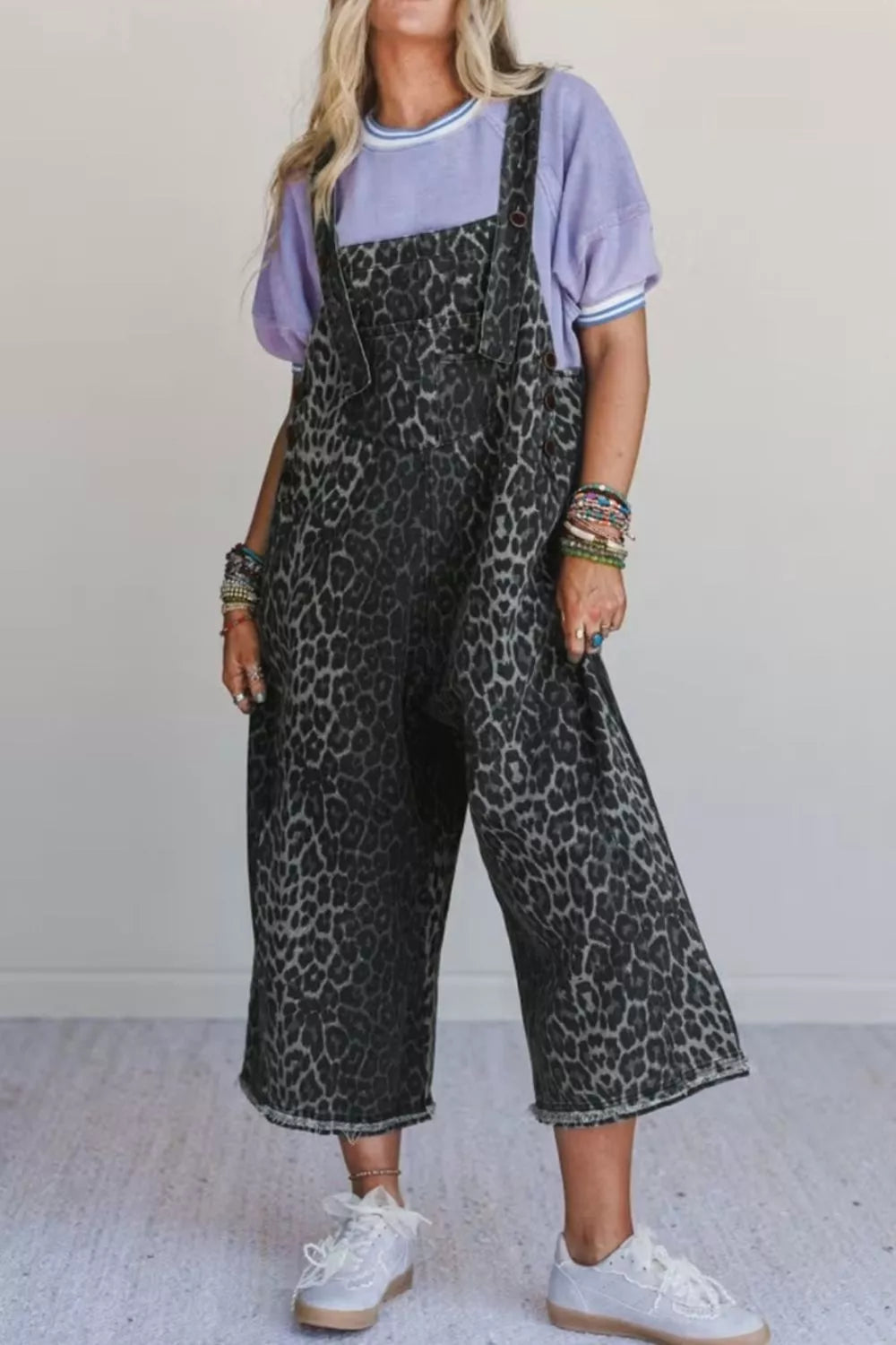 Leopard Print Button Adjustable Straps Cropped Loose Denim Overalls - Lilixa.store