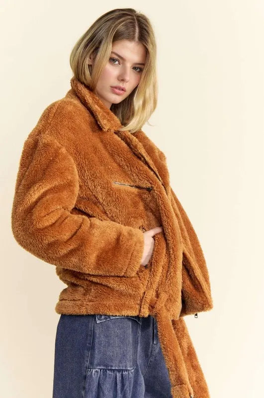 Davi & Dani Fuzzy Zip Up Collared Neck Jacket in Brown, view 3