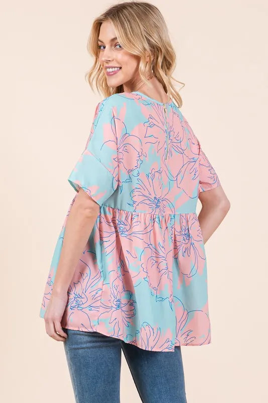 BOMBOM Floral Babydoll Tunic Top - Lilixa.store